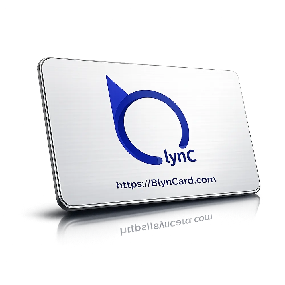 Brushed silver BlynCard NFC business card on a dark background